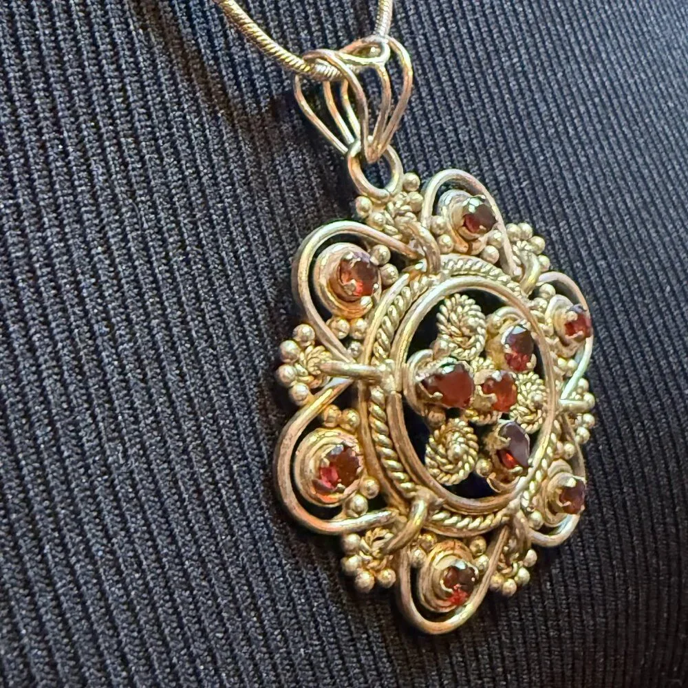 Sterling 925 and Garnet Bohemian Pendant with Sterling Silver 20 Inch Chain